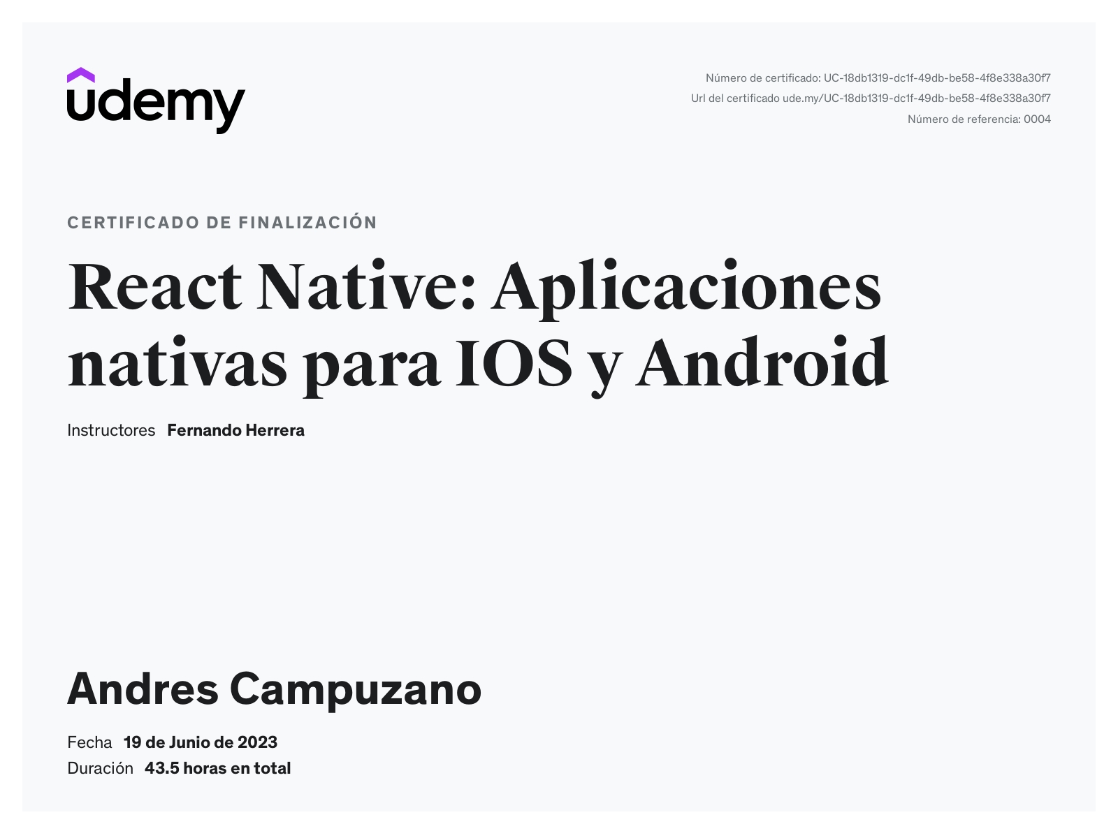 Certificado React Native CLI: Aplicaciones nativas para IOS y Android