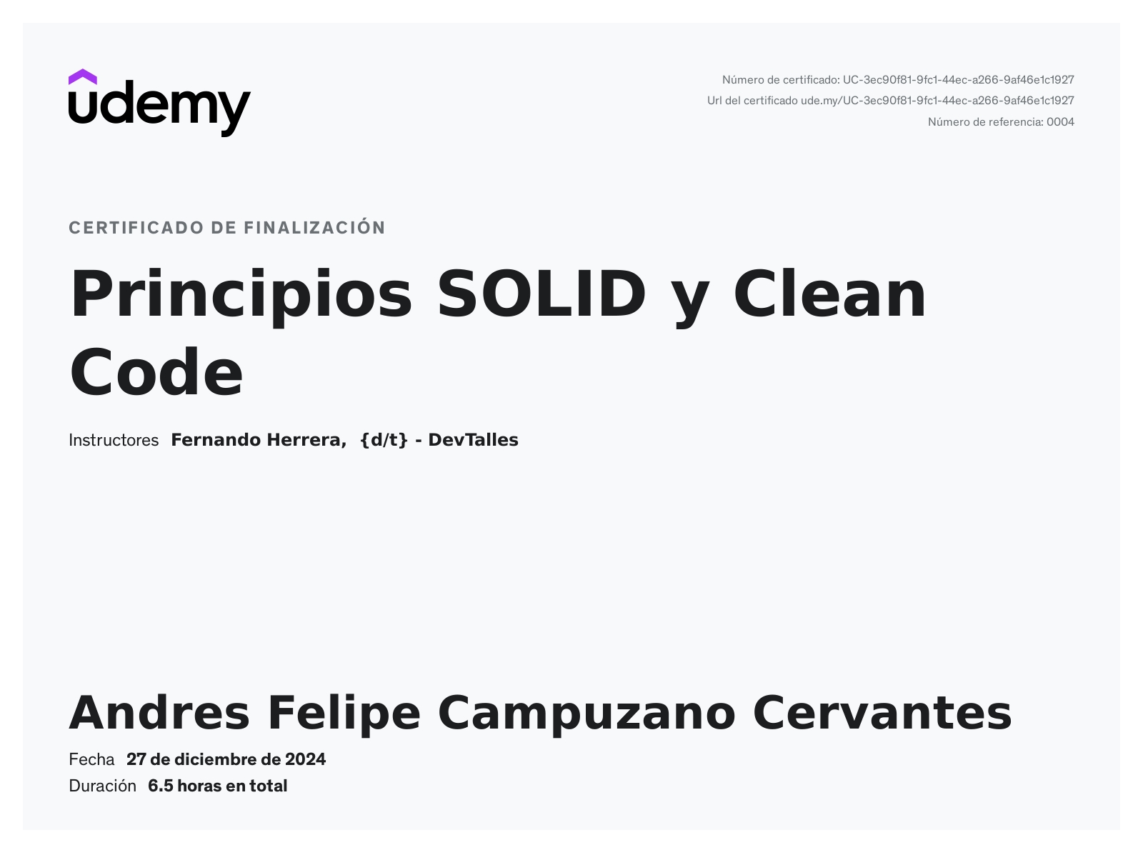 Certificado Principios SOLID y Clean Code