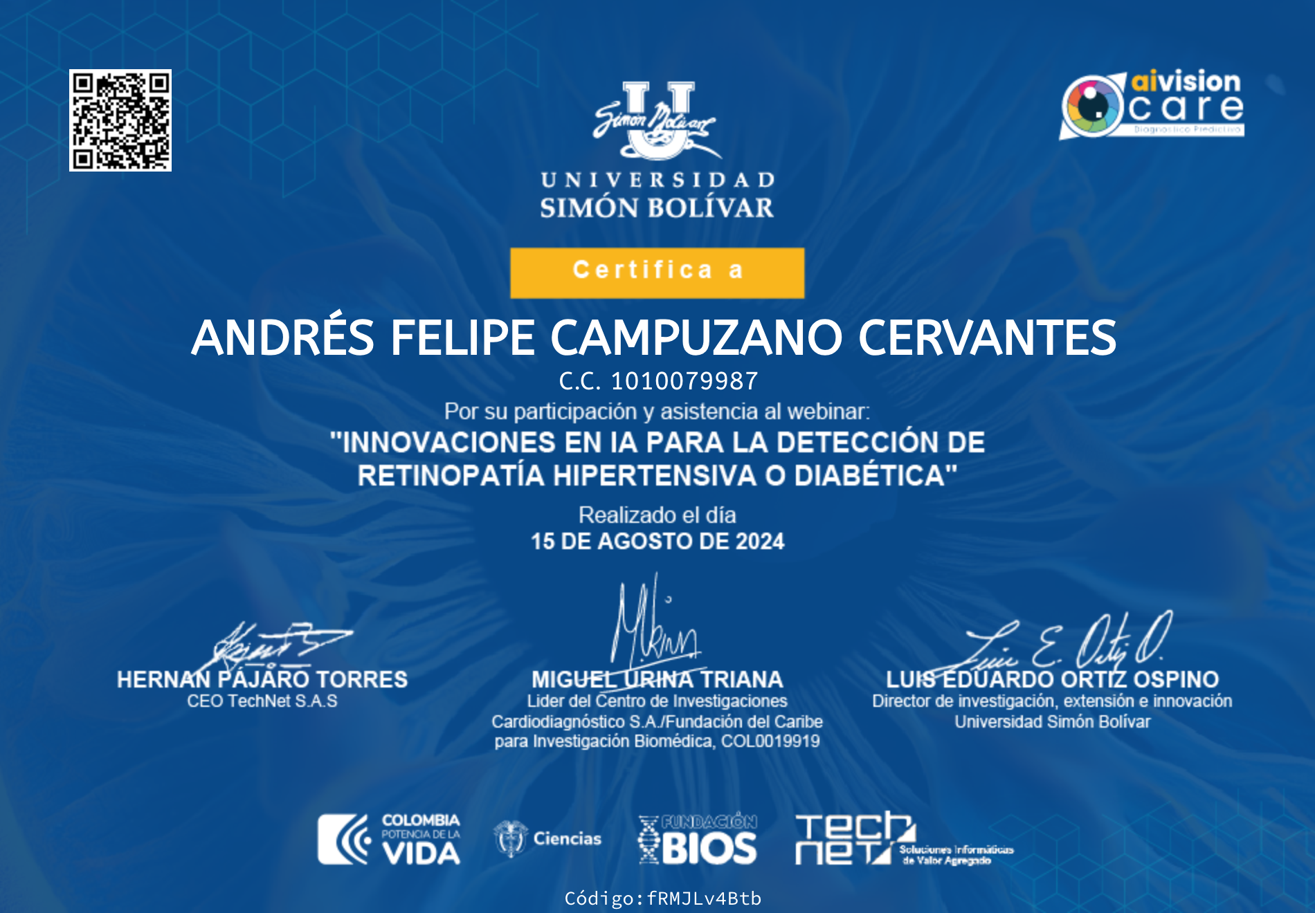 Certificado Webinar: Innovaciones en IA para la detección de retinopatía hipertensiva o diabética